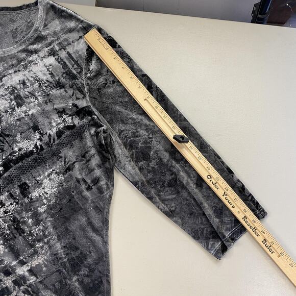 Chicos Top Size 3 Gray Black Stretch Velour Metallic Abstract Dressy Holiday XL - Picture 5 of 9